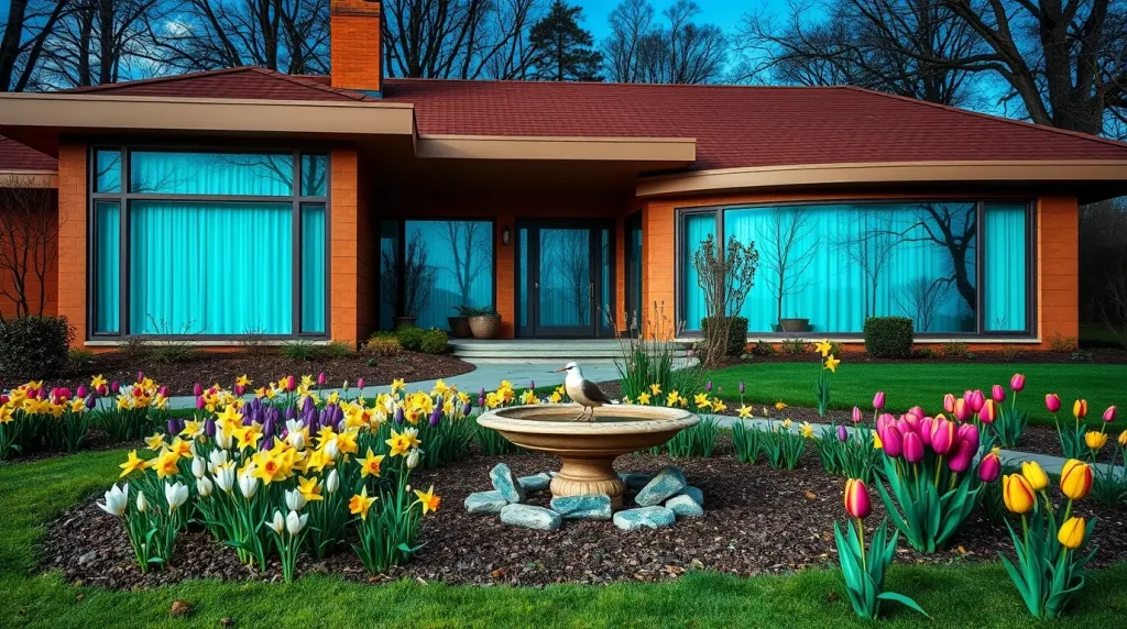 a modern home and a vibrant spring garden.