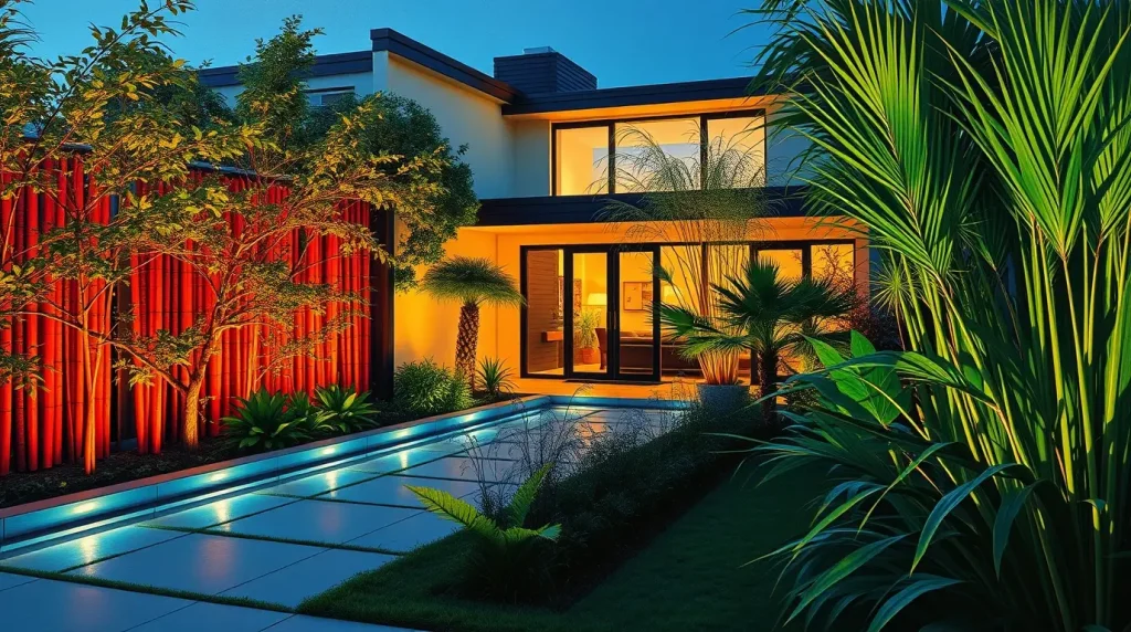 a modern home with a sleek privacy garden with bamboo fences, ferns, hostas