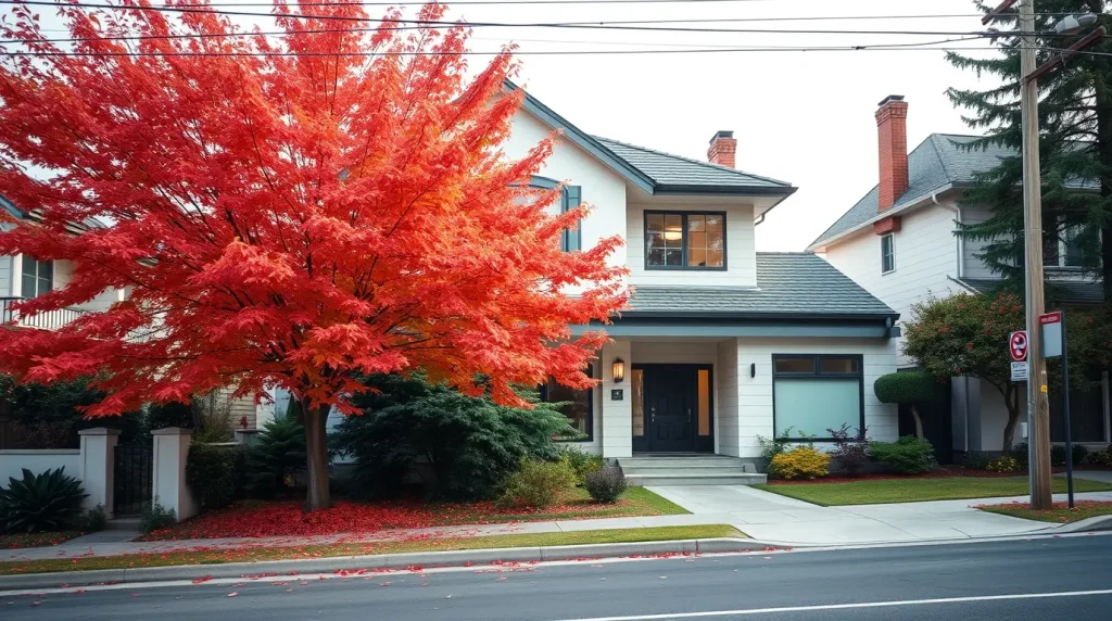 a modern house with a dramatic front garden and large maple tree, using soft pastel colors.