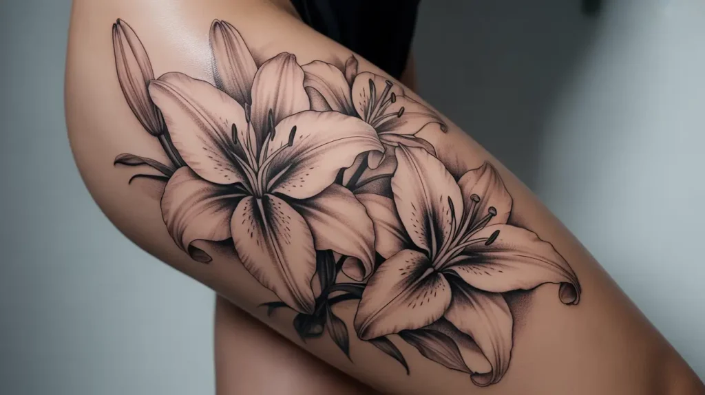 lilies tattoo on female thigh