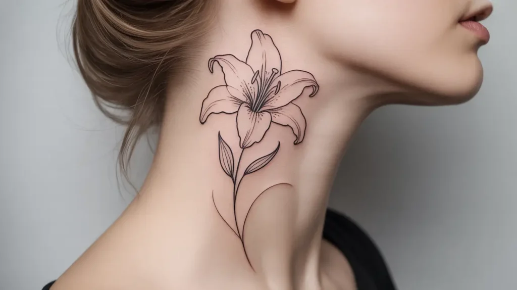 simple lily tattoo on side of neck