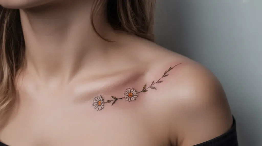daisy tattoo on collarbone
