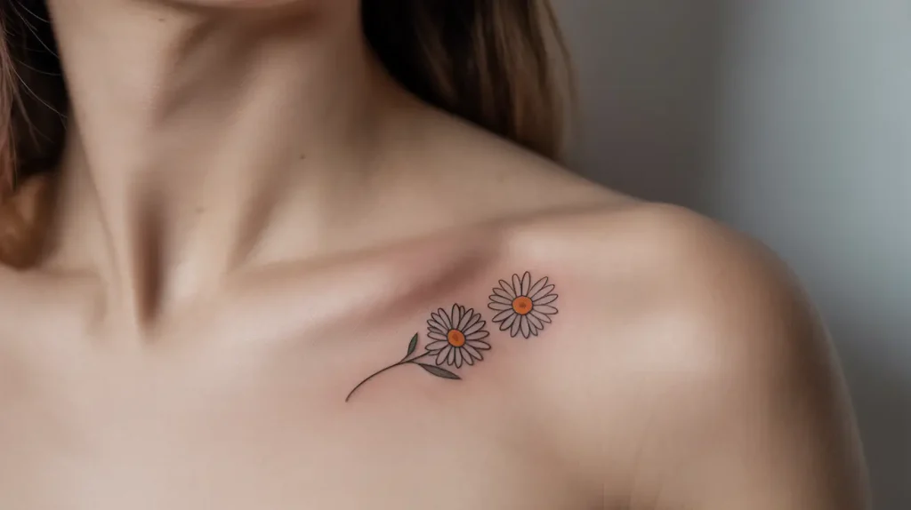 daisy tattoo on collarbone women
