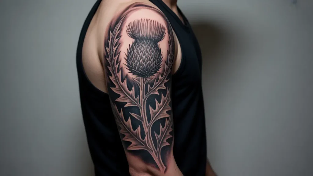 full sleeve male scottish thistle tattoo
