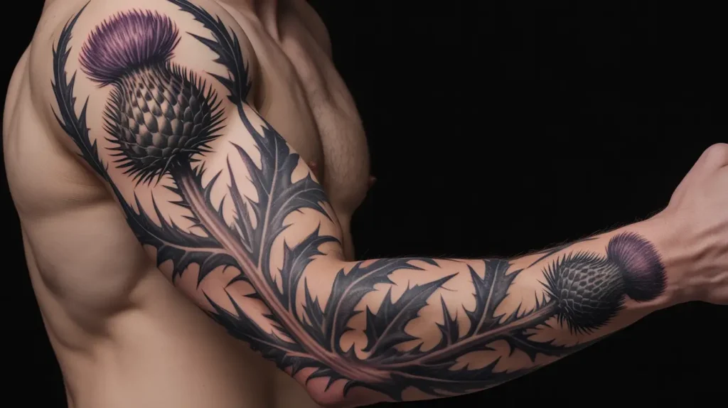 full sleeve male scottish thistle tattoo ideas