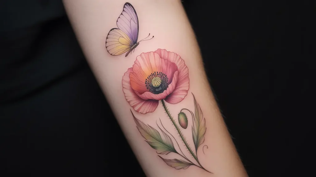 poppy flower tattoo ideas with butterfly
