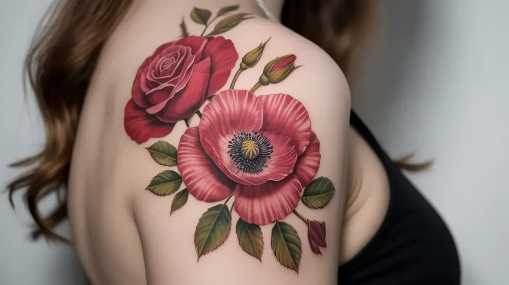 poppy flower tattoo ideas with rose
