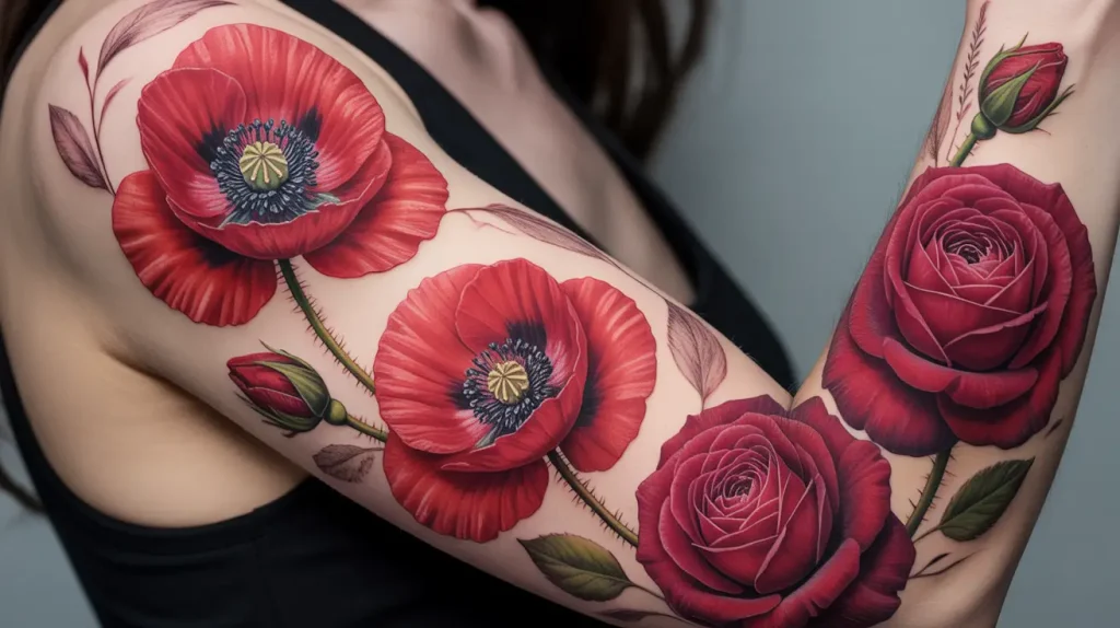 poppy flower tattoo ideas with rose flower