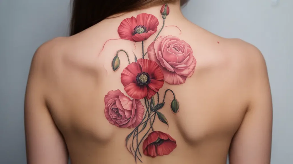 poppy flower tattoo ideas with rose flower on back