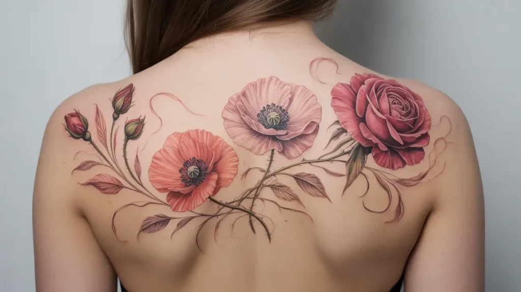 poppy flower tattoo ideas with rose flower on back of woman