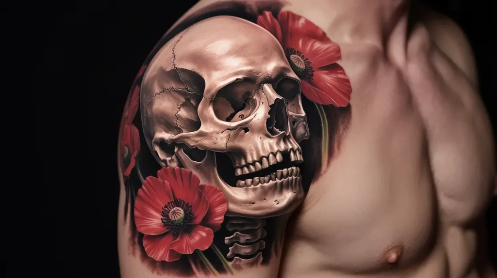 poppy flower tattoo men skull