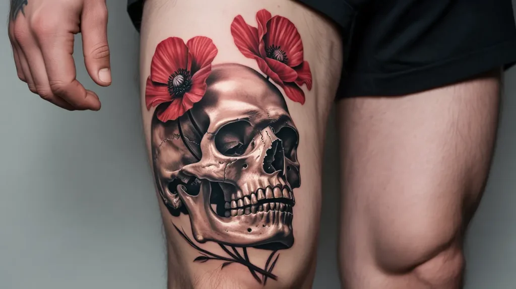 poppy flower tattoo men skull on thigh