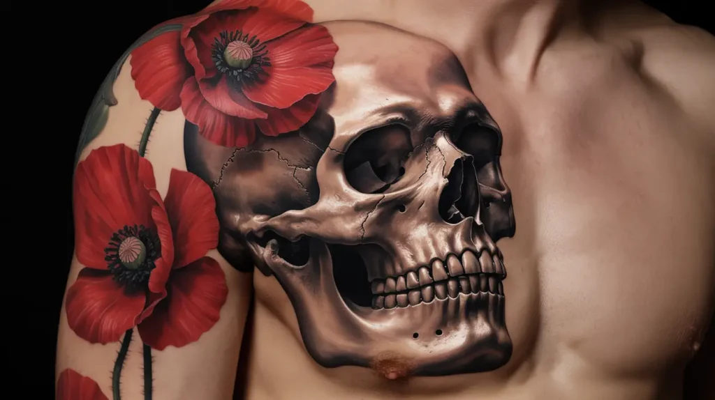 poppy flower tattoo men skull