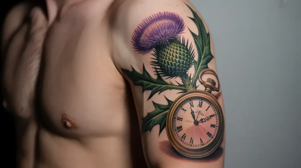 scottish thistle tattoo with clock