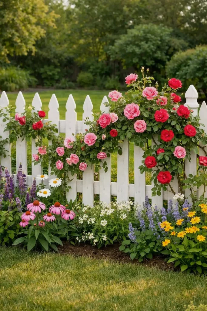cottage garden white pickets fence ideas