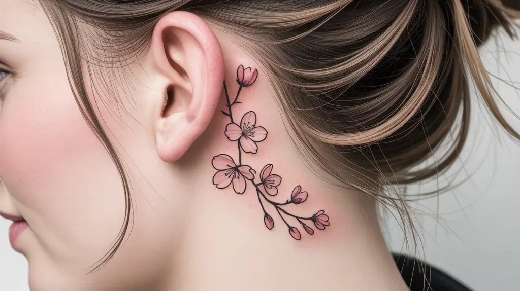 cherry blossom tattoo behind the ear
