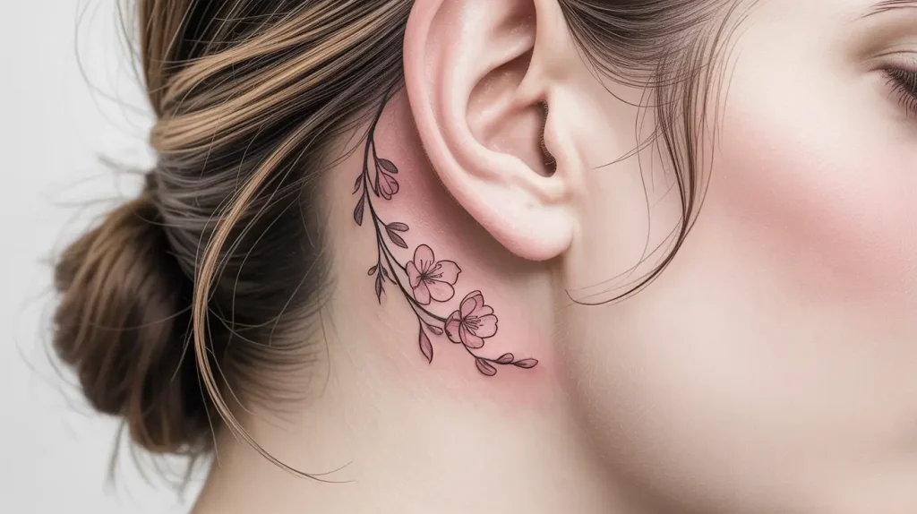 cherry blossom tattoo behind the ear