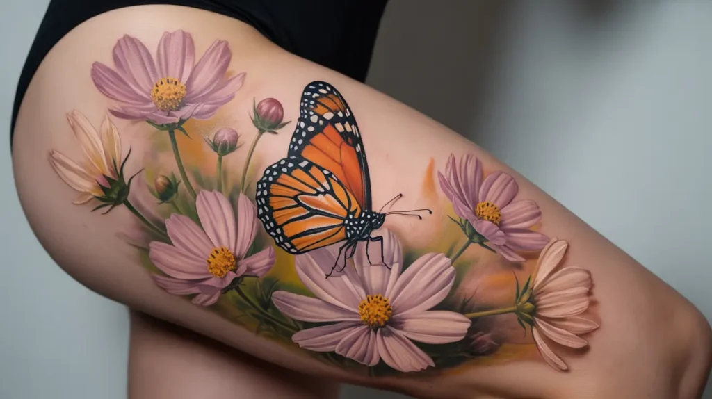 cosmos flower tattoos on thigh