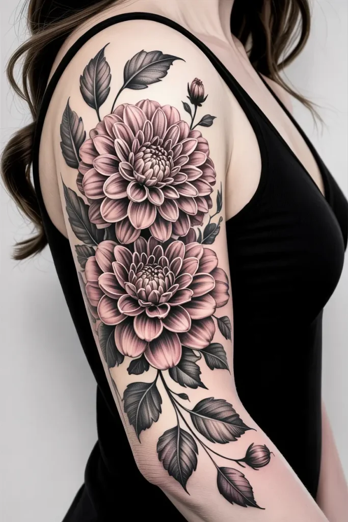 dahlia full sleeve tattoo