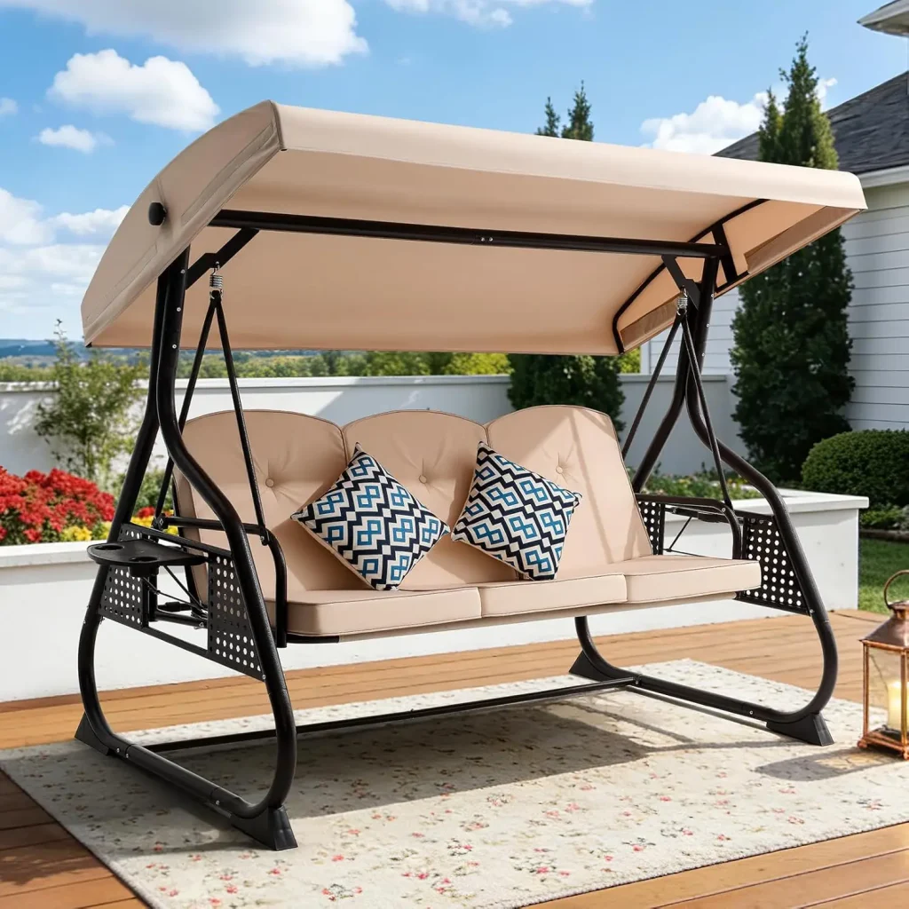 Swing Bed with Cushions & Cup Holders for Yard Deck Garden