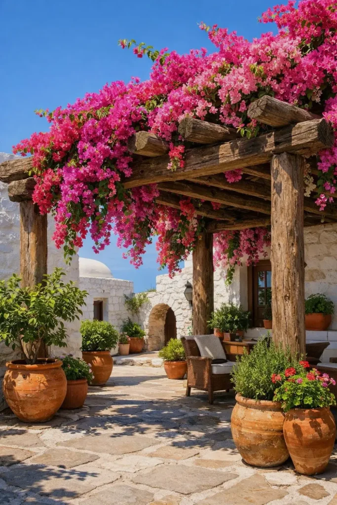 mediterranean courtyard garden ideas cascading bouginvillea
