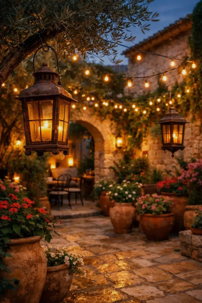 mediterranean courtyard garden ideas with lanterns