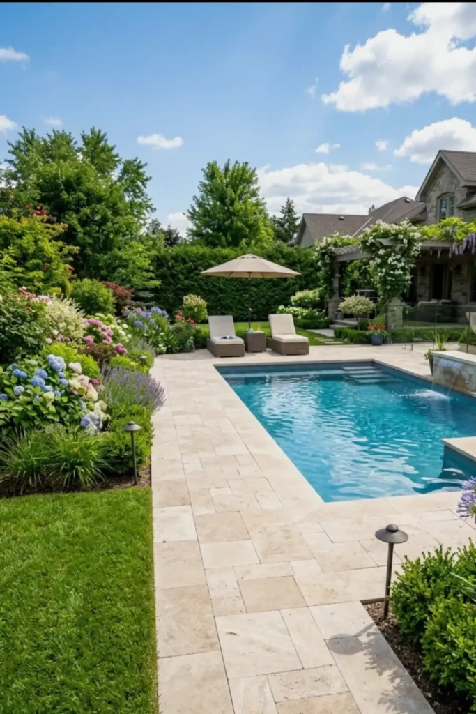 Travertine Paver Walkway Around A Backyard Pool