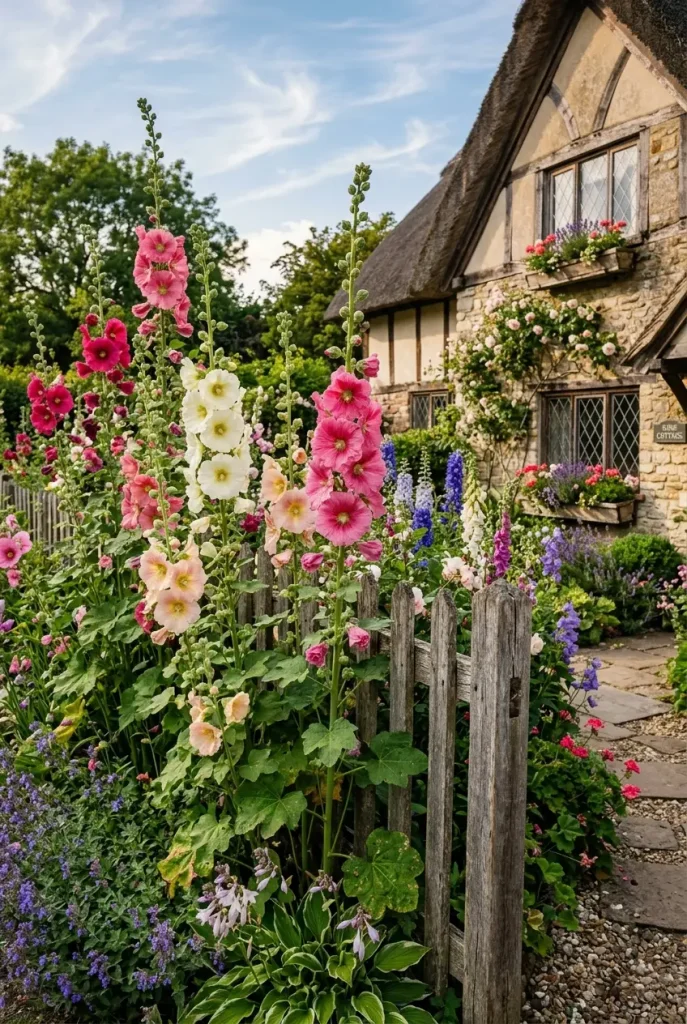 cottage garden ideas hollyhocks