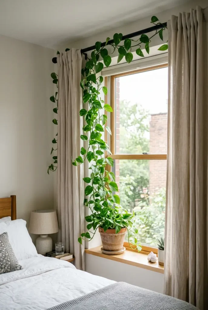 pothos climbing ideas on curtain rod